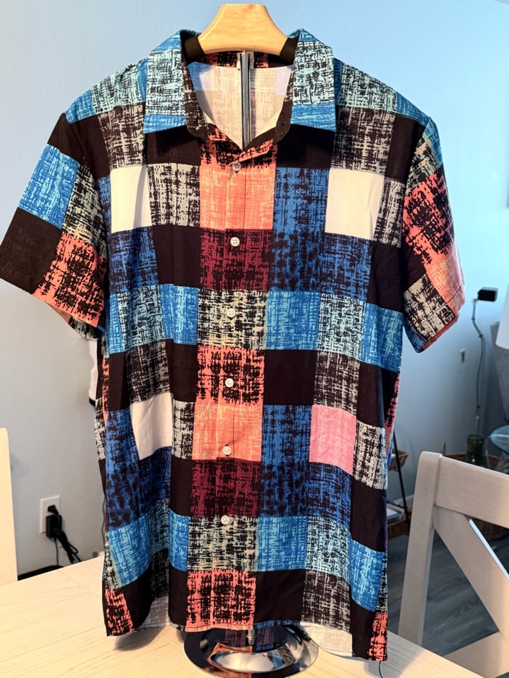 Men's Multicolor Check Short-Sleeve Shirt - Blue/Coral/Black
